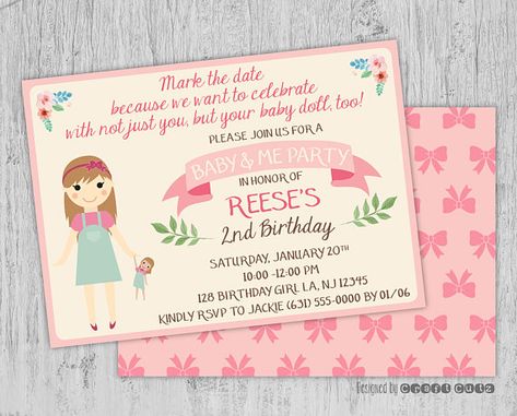 Baby and Me Birthday Invitation - Baby Doll Party Invitation - Little Girls Birthday Party - Pretty Girls Invitation Printable Baby Doll Birthday Party, Baby Doll Party, Doll Birthday Party, 10th Birthday Invitation, Pretty Invitations, Invitation Examples, Teenager Birthday, Lego Club, Baby And Me