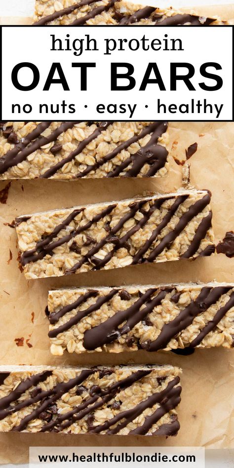 These chewy nut-free protein bars are the perfect healthy snack. They’re made with simple ingredients like rolled oats, maple syrup, protein powder, and mini chocolate chips. No peanuts and no tree nuts in this recipe! Nut Free Protein Bars Homemade, Oats Protein Bar, Protein Bars Oatmeal, Homemade Protein Bars Nut Free, Protein Granola Bars Recipe, Protein Snacks Nut Free, Nut Free Protein Snacks For Kids, Peanut Free Protein Snacks, Healthy Granola Bars Nut Free