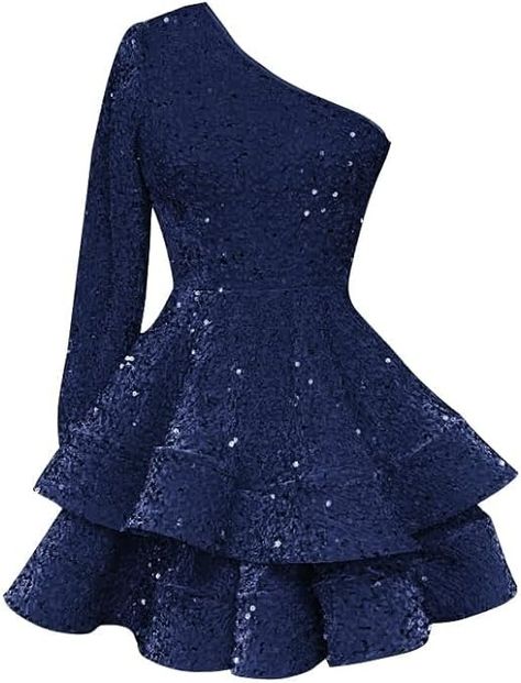 Amazon.com: Bolodoo Sequin Short Homecoming Dresses for Teens Navy Blue One Shoulder Sparkly Tiered Cocktail Dress Size 2 : Clothing, Shoes & Jewelry Homecoming Dresses For Teens, Sequin Homecoming Dress, Elegant Midi Dresses, Long Sleeve Prom, Layered Long Sleeve, Party Gown, Maggy London, Bodycon Fashion, Ladies Of London