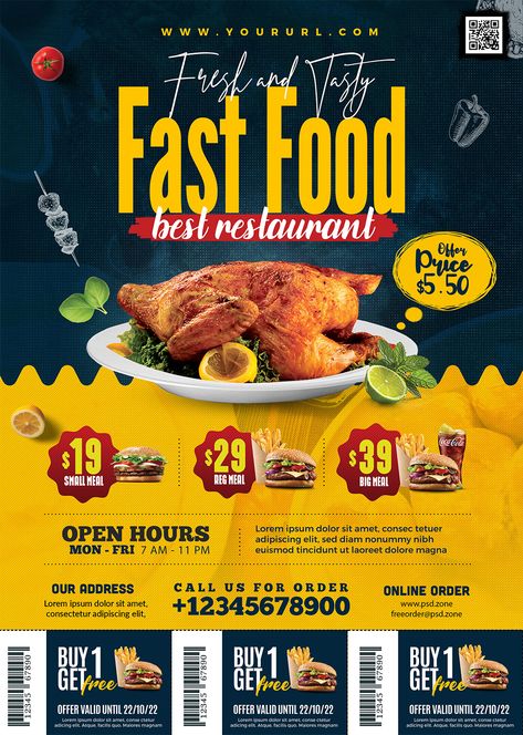 Fast Food Restaurant Promotion Flyer PSD - PSD Zone Fast Food Advertisement, Fast Food Flyer Design, Food Pamphlet Design, Food Advertisement Poster Products, Restaurant Flyer Design Ideas, Flyer For Food, Fast Food Banner Design, Creative Food Poster Design, Food Design Poster