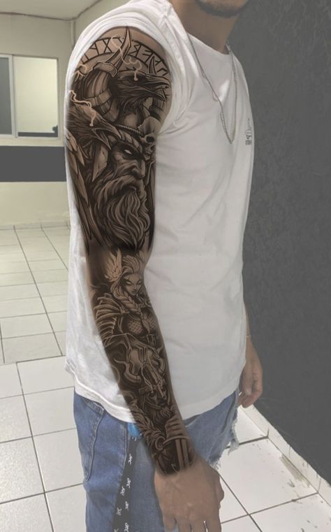 Nordic Sleeve Tattoos For Men, Viking Arm Tattoo, Tattoo Odin, Dark Disney Tattoo, Odin Tattoo, Arte Viking, Viking Tattoo Sleeve, Last Kingdom, Norse Tattoo