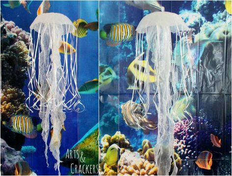 DIY Hanging Jellyfish Decoration | Ocean-Themed Party Decor Diy Jellyfish Decoration, Jellyfish Decoration, Underwater Theme Party, Ocean Party Decorations, Ocean Theme Party Decorations, Scuba Vbs, Hanging Jellyfish, Mystery Island, Ocean Theme Decorations