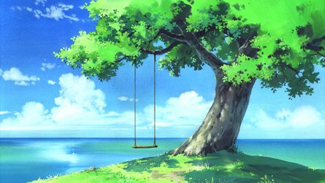 #landscape anime art #tree #sea #sky #cloud #swing #1080P #wallpaper #hdwallpaper #desktop Anime Nature, Scenery Background, Georges Braque, Nature Collection, Summer Wallpaper, Anime Inspired, Dark Wallpaper, Scenery Wallpaper, Anime Background