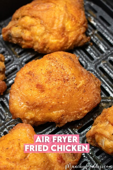 Air fryer fried chicken thighs in a black air fryer basket. Captain Crunch Chicken Air Fryer, Air Fryer Fried Chicken No Buttermilk, Air Fried Chicken Thighs Bone In, Air Fryer Fried Chicken Recipe, Air Fryer Battered Chicken, Crispy Chicken Thighs Air Fryer, Air Fry Fried Chicken, Air Fryer Chicken Thighs Bone In, Air Fried Chicken Recipes