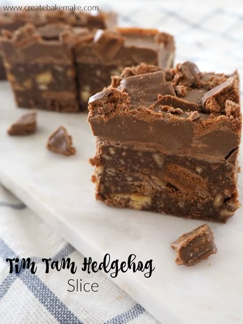 Tim Tam Hedgehog Slice chocolate Hedgehog Slice, No Bake Slices, Easy Slice, Slice Recipes, Chocolate Slice, Slice Recipe, Cakes Slices, Tim Tam, Bake Recipes