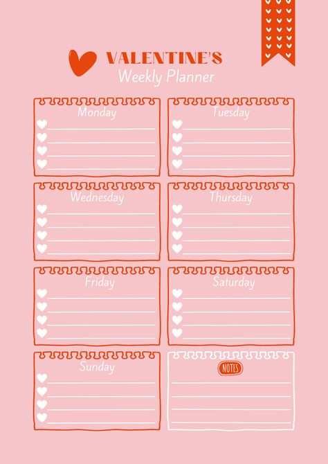 Free Red and Pink Simple Valentine's Weekly Planner Template. Canva Template Design by Anka Drozd Planner Template Canva, Organization Planner, Weekly Planner Free Printable, Journal Pages Printable, Weekly Planner Free, Printable Weekly Planner, Weekly Planner Template, Planner Printables, Weekly Planner Printable