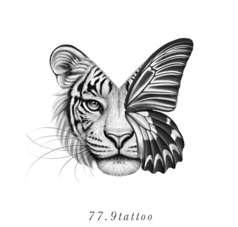 Lion With Butterfly Tattoo For Women, Butterfly Lion Tattoo For Women, Half Tiger Half Butterfly Tattoo, Half Lion Half Butterfly Tattoo, Lion And Butterfly Tattoo, Tiger And Butterfly Tattoo, Lion Butterfly Tattoo, Butterfly Tiger Tattoo, Tattoo Ideas Medium Size