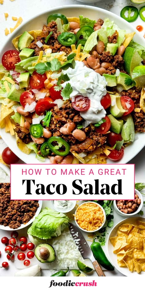 Easy Taco Salad Recipe Simple, Nacho Salad Recipe, Ground Beef Tacos Recipes, Taco Salad Bar, Beef Taco Salad Recipe, Nacho Salad, Tex Mex Salad, Taco Recipes Ground Beef, Nacho Taco