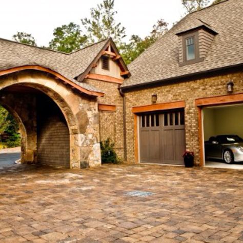 Beautiful garage...I'll take the car too. Drive Through Garage, Double Volume, Craftsman Garage, Travelers Rest, Porte Cochere, Garage Door Design, European House, Traditional Exterior, Craftsmen Homes