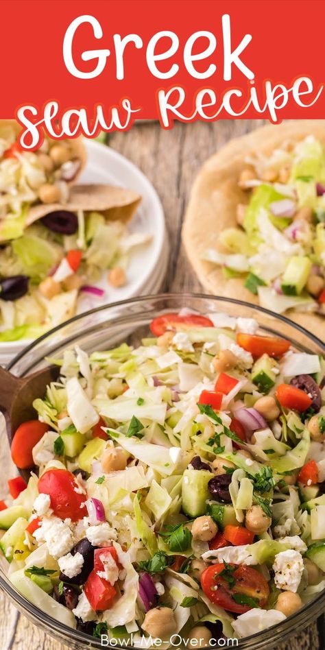 Bowl of fresh homemade coleslaw with cabbage, fresh cut veggies and feta cheese with Pinterest overlay. Greek Slaw Recipes, Greek Coleslaw Recipe, Coleslaw Salad Recipe Healthy, Greek Slaw, Greek Coleslaw, Healthy Coleslaw Recipes, Food Mediterranean, Coleslaw Recipes, Lighter Recipes