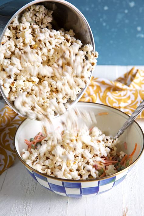 Popcorn Salad - The Suburban Soapbox Popcorn Salad Recipe, Popcorn Salad, Yummy Salads, Bacon And Cheese, Jello Salad, Vegan Alternatives, Popcorn Recipes, Bacon Bits, Retro Recipes