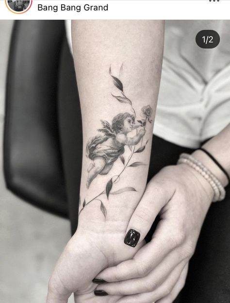 Angel On Arm Tattoo, Microrealism Angel Tattoo, Cherub And Flowers Tattoo, Cherub Flower Tattoo, Angel Holding Flowers Tattoo, Garden Angel Tattoo, Vintage Angel Tattoo, Angel With Flowers Tattoo, Angel Tattoo On Ribs