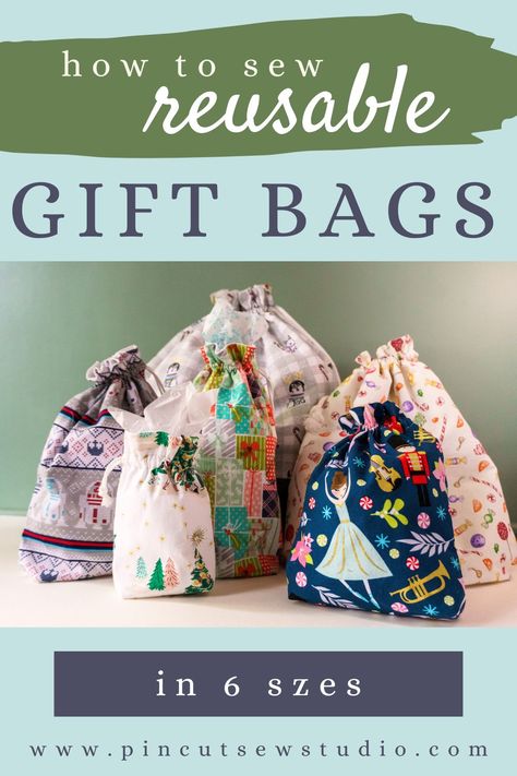 Learn how to sew reusable fabric gift bags in six sizes, from tiny to huge, and even a wine bottle bag! This is a beginner friendly tutorial with a video AND a printable PDF version availabe from Pin Cut Sew Studio Fabric Gift Bags Diy Free Pattern, Sew Gift Bags, Bags To Sew, Sew Studio, Wine Bottle Bag, Beginner Sewing, Sustainable Gifts, Bottle Bag, Sewing Blogs