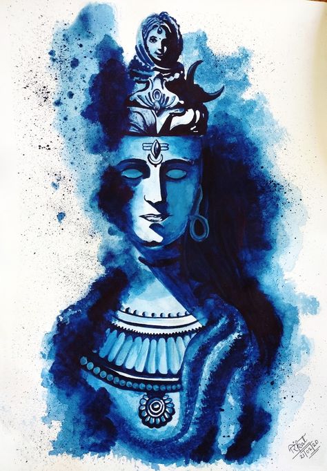 Let me know what you tried after looking into this, in my comments section ! #Black #blue #shivji #shiva #watermark #tattoo #light #Claymodelling #clay #painting #sketching #art #lovetodraw Shivji Watercolor Painting, Shiva Watercolor Painting, Holi Stickers, Shivji Painting, Tattoo Light, Monochromatic Painting, Clay Painting, Paintings Easy, Sketching Art