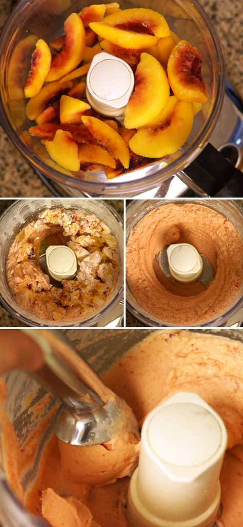 making peach ice cream in a food processor Weight Watcher Desserts, Frozen Peaches, Peach Ice Cream, Peach Sorbet, Fruit Ice, Vegan Ice Cream, Nice Cream, Paleo Dessert, Ice Creams