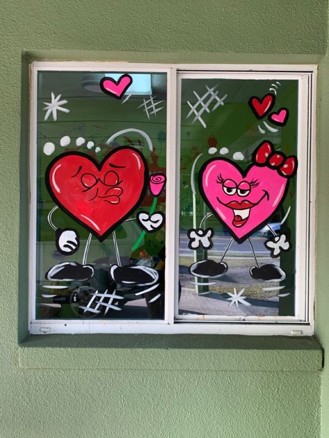 Valentines Window Display Classroom, Valentine Window Painting Ideas, Valentines Window Art, Valentines Window Painting, Valentine’s Day Window Art, Valentine’s Day Window Painting, Valentine’s Day Store Window, Chalk Markers Art, Valentines Window Display