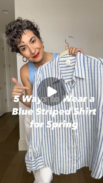 GRAZIA | DAILY STYLE INSPO on Instagram: "5 WAYS TO WEAR A BLUE STRIPED BUTTON DOWN 💙// If you’ve been to any clothing store lately you’ve probably noticed a lot of blue and a lot of stripes! It’s back this year again and I love it!  . Styling this linen blend button down for you 5 ways - it runs pretty true to size (I sized up to a large for a more oversized fit!)  . I linked everything I could for you in LTK and stories!  . . #linen #linenshirt #springfashion #springoutfits #outfitideas #waystowear #styleinspo #styleideas #everydaystyle" How To Style Blue Striped Shirt, Striped Linen Shirt Outfits, Large Shirt Outfit, Blue Stripped Shirt Women Outfit, Oversized Blue Button Down Shirt Outfit, Blue Stripe Button Down Shirt Outfit, Blue Linen Shirt Outfit, Blue And White Striped Shirt Outfit Women, Strip Blue Button Down Outfit