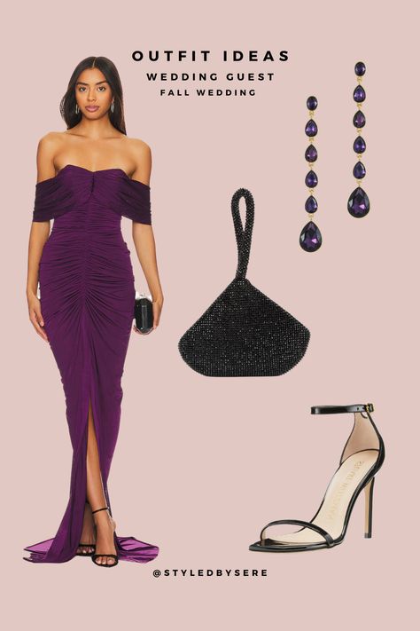 Deepen the hue but keep the color this fall for your weddings with a gorgeous draped deep plum gown. A sweetheart neckline and fallen shoulders, this wedding guest dress is made to impress. For fall, pair with black heels, a sparkle clutch, and deep color-coordinated chandelier earrings. Plum Dress Outfit Wedding, Plum Gown, Wedding Guest Fall, Plum Colored Dresses, Wedding Guest Outfit Fall, Plum Wedding, Plum Dress, Deep Plum, Evening Wedding