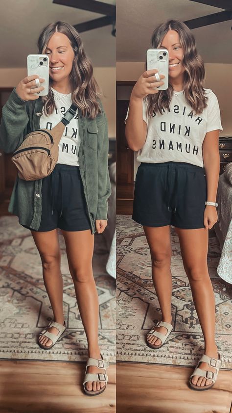 Spring Outdoorsy Outfits, Casual Field Trip Outfit, Spring Short Outfits, Spring Shorts Outfits Women, Mom Casual Outfits Spring, Mom Outfits Shorts, Spring Summer Outfits Casual, Casual Comfy Spring Outfits, Field Trip Mom Outfit