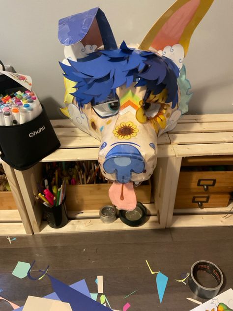 Paper Fursuit Head, Blue Hair And Pronouns, Paper Fursuit, Fursuit Ideas, Therian Stuff, Therian Mask, Fursuit Head, Blue Hair, Jesus