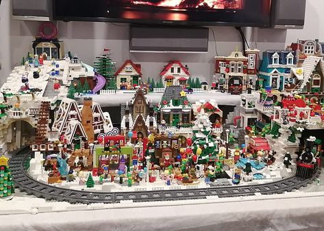 LEGO Winter Village Dioramas & Display Ideas Lego Holiday Village Display Ideas, Lego Christmas Village Display Ideas Diy, Lego Village Display, Lego Winter Village Display Ideas, Christmas Village With Train Display, Christmas Lego Display, Lego Christmas Village Diy, Lego Holiday Village, Lego City Display Ideas