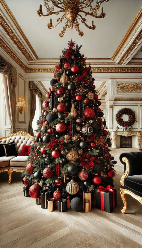 Inside: Discover 24 creative and fun ideas to decorate your Christmas tree this season! From classic themes to modern twists, there’s something for everyone. Red White Black Gold Christmas Tree, Red Green Gold Black Christmas Tree, Dramatic Christmas Tree, Red Black And Gold Christmas Decor, Red Gold Black Christmas Tree, Red Gold And Black Christmas Tree, Black Red And Gold Christmas Tree, Red Black Gold Christmas Tree, Black Velvet Christmas Decor