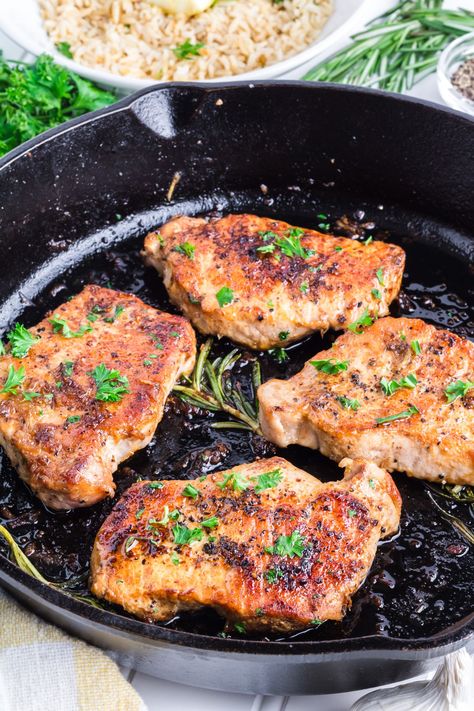 Pan Seared Pork Chops in a skillet Pork Chops Skillet Stove Top, Pork Lion Chops, Pork Chops In Cast Iron Skillet, Skillet Pork Chops Bone In, Pork Chop Recipes Skillet, Skillet Pork Chop Recipes, Pork Chops Bone In, Pan Seared Pork Chops, Skillet Pork Chops