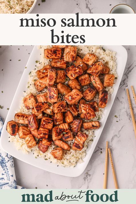 Baked Salmon Bites, Miso Marinade, Miso Salmon Recipe, Turkey Tenderloin Recipes, Salmon Bites Recipe, Oven Salmon, Quick Salmon, Honey Glazed Salmon, Miso Salmon