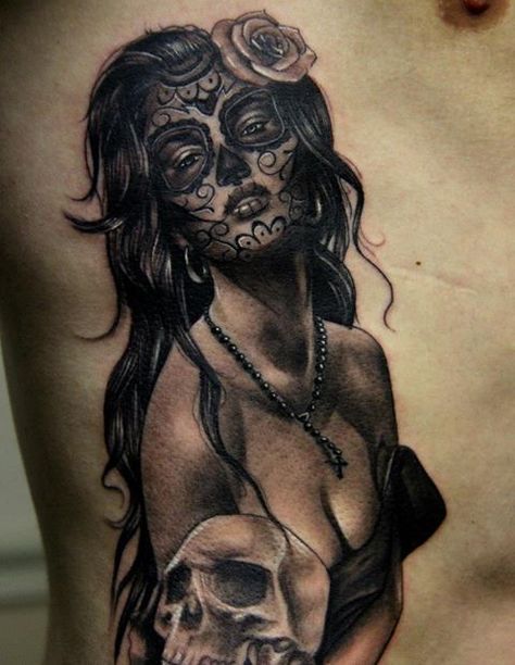 Day of the Dead Tattoos Day Of The Dead Tattoo Designs, Day Of The Dead Tattoos, Day Of The Dead Girl Tattoo, Rabe Tattoo, Dead Tattoo, Day Of The Dead Girl, Pin Up Girl Tattoo, Girls With Sleeve Tattoos, Kunst Tattoos