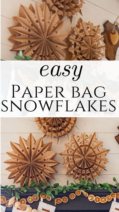 How to make gorgeous large or small paper bag snowflakes! These are so cool and make a big statement in your house. They are inexpensive too! Paper Bags Snowflakes Diy, Kraft Paper Snowflake, Paper Bag Snow Flakes Diy, Paper Bag Wreath Diy, Small Paper Bag Snowflakes, Large Paper Bag Snowflakes, Diy Paper Bag Snowflakes, Brown Paper Snowflakes, Paperbag Snowflakes Diy Pattern