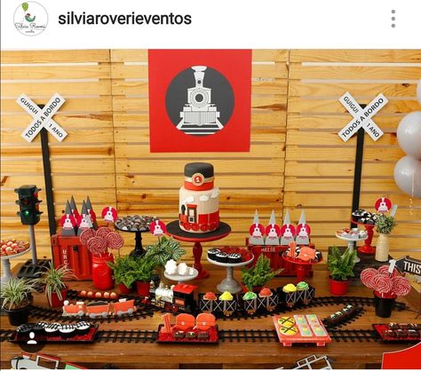 Choo choo train themed birthday party dessert table decor Vintage Train Party Decorations, Chu Chu Train Birthday Party, Vintage Train Birthday Party Decoration, Train Party Table Decor, Train Table Decorations, Train Theme Birthday Party Decorations, Train Dessert Table, Birthday Party Train Theme, Train 3rd Birthday Party