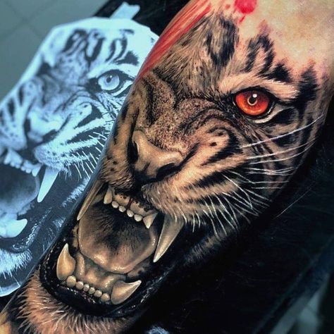 Tattoos #tattooideas #mentattoo Tiger Eyes Tattoo, Tiger Face Tattoo, Tiger Tattoo Sleeve, Full Hand Tattoo, Animal Sleeve Tattoo, Lion Tattoo Sleeves, Wolf Tattoo Sleeve, Mens Lion Tattoo, Lion Head Tattoos