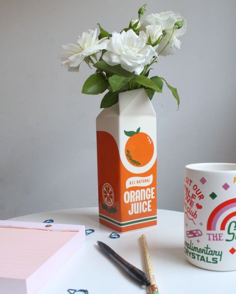 Orange Kitchen Decor, Danish Decor, Unique Flower Vases, Novelty Decor, Juice Carton, Danish Pastel Aesthetic, Juice Branding, Orange Kitchen, Ceramic Flower Pots