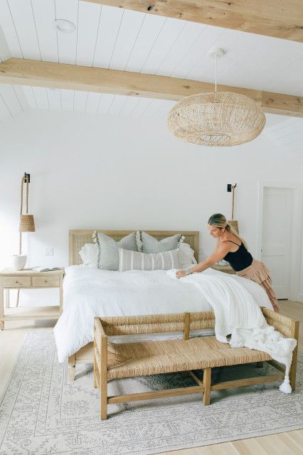 Forever Farmhouse - Beach Style - Bedroom - Other - by GLDESIGN | Houzz Bedroom Wood Beams, Wood Beam Ceiling Bedroom, High Ceiling Decorating Bedroom, Bedroom White And Wood, Bedroom With Beams, Tall Ceiling Bedroom, Exposed Beams Bedroom, Bedroom Wood Ceiling, Warm White Bedroom