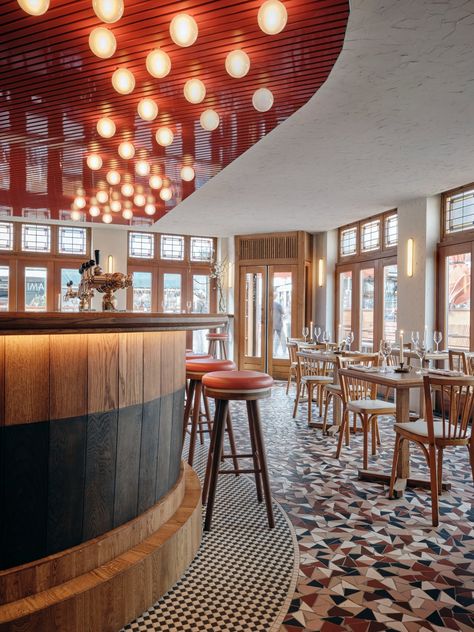 Ami Cafe - Hospitality Snapshots Amsterdam Cafe, Restaurant Ceiling, Red Ceiling, Parisian Bistro, Orange Tiles, Alabaster Lamp, Color Design Inspiration, Timber Ceiling, Parisian Cafe