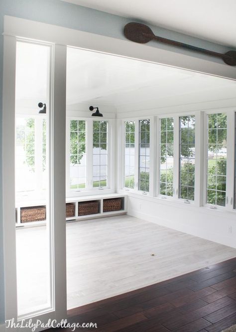 Sunroom Sunroom To Living Room, Sunroom With One Wall Of Windows, Glass Roof Screen Porch, Sunroom Windows That Open, Sunroom Open To Living Room, Sunroom Addition Off Dining Room, Sunroom Off Dining Room, All White Sunroom, Back Porch Windows And Doors