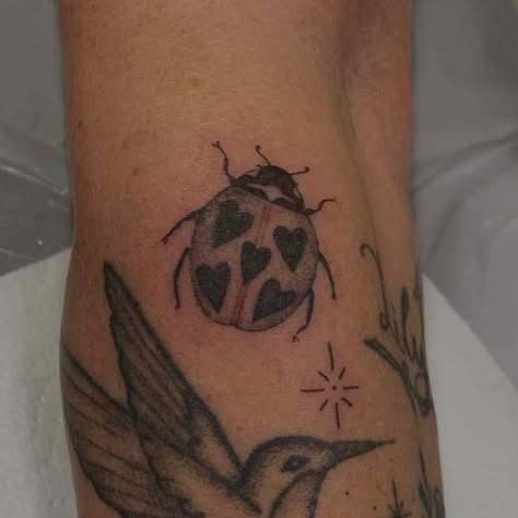 Flowers With Ladybugs Tattoo, Ladybug With Hearts, Ladybug With Heart Spots Tattoo, Ladybug Tattoo American Traditional, Ladybug With Hearts Tattoo, Ladybug Hand Tattoo, Ladybug Heart Tattoo, Heart Ladybug Tattoo, Realistic Ladybug Tattoo