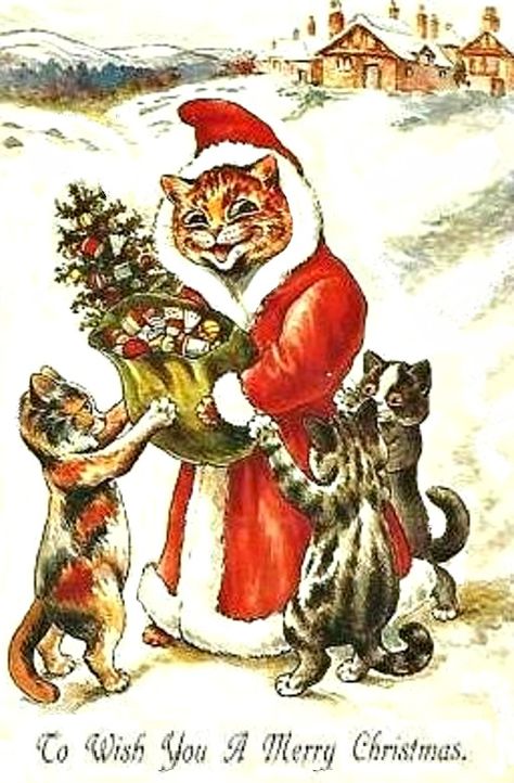 Cat Santa with Kitty Children vintage Christmas Edwardian Christmas, Human Things, Louis Wain Cats, Louis Wain, Holiday Graphics, Christmas Kitten, Vintage Christmas Images, Christmas Graphics, Cat Cards