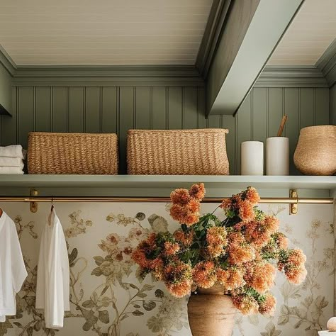 2023 Laundry Room Colors, Green Laundry Room With Wallpaper, Wallpapered Laundry Room Accent Walls, Floral Wallpaper In Laundry Room, Floral Wallpaper Laundry Room, Vintage Green Laundry Room, Laundry Room No Cabinets, Vintage Wallpaper Laundry Room, Vintage Cottage Laundry Room