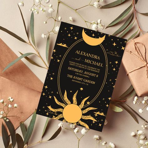 $2.92 | Mystical Black and Gold Sun Moon Wedding #mystical, black and gold, sun moon wedding, elegant, tarot, gothic, horoscope, celestial, fortune teller, trendy chic wedding Sun Moon Wedding, Moon Wedding Theme, Celestial Wedding Invitations, Celestial Wedding Theme, Moon Party, Moon Wedding, Bridal Invitations, Celestial Wedding, Future Wedding Plans