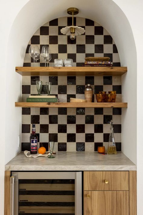 This California Kitchen Is Like a Quaint Postcard From Italy | Architectural Digest Tile Floating Shelves, 50s Inspired Interior Design, Fun Tile Kitchen, Event Space Kitchenette, Black And White Retro Kitchen, Unique Home Renovations, Tiled Dresser Top, Funky Decor Ideas, Colorful Small Kitchen Ideas