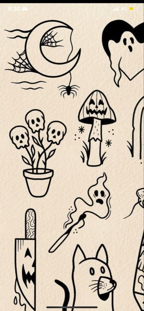 Mini Tats Halloween, Doodles Spooky, Drawing Ideas Spooky, Easy Halloween Tattoo Ideas, Small Spooky Drawings, Spooky Halloween Drawings Simple, Halloween Little Drawings, Simple Spooky Doodles, Mini Halloween Drawings