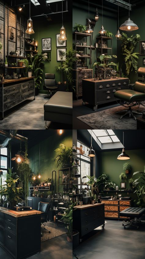 Tattoo Booth Decor Ideas, Green Tattoo Studio, Tattoo Room Design, Green And Black Aesthetic Room, Witchy Salon, Barber Suite Ideas, Tattoo Room Ideas, Tattoo Studio Aesthetic, Tattoo Shop Aesthetic