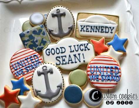 Navy Boot Camp Cookies | Flickr - Photo Sharing! Camp Cookies, Navy Party Themes, Military Send Off Party Ideas, Navy Party Decorations, Deployment Party, Navy Cakes, Camping Cookies, Military Party, Navy Party