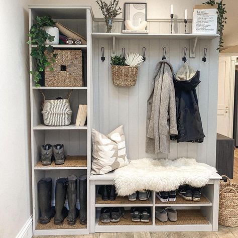 Good morning everyone! Here’s my IKEA hack Bootroom! As we get closer to warmer weather, I’m looking at giving the boot room a spring… Ikea Utility Room, Hallway Coat Storage, Boot Room Storage, Boot Room Utility, Small Mudroom Ideas, Small Utility Room, Mudroom Remodel, Porch Interior, Ikea Hallway