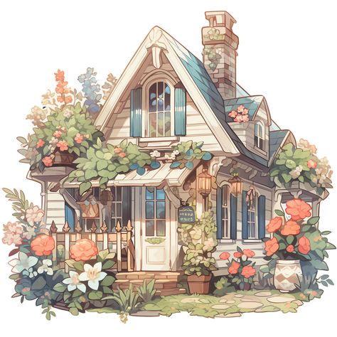 Cute Cottage with Flowers in Rustic and Cottagecore Style Sticker Flower Covered House, Cottage Home Drawing, Cute House Drawing Aesthetic, Cottagecore House Drawing, Cozy Cottage Drawing, Build Inspo Sims, Cozy Cottage Layout, Cute Cottage Illustration, Flower House Drawing