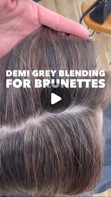 Emily Chen on Instagram: "Why yes. Yes it can be done on dark hair too 🤎   Think of permanent color as a full coverage lipstick, and demi color as tinted lipgloss. Or painted cabinets vs stained cabinets. Permanent color will give you the heaviest coverage, but it’ll also give you the most dramatic regrowth line. Demi offers less coverage, but a more subtle & graceful growout.   My client here was sick of having to color her regrowth every 4 weeks, but she wasn’t ready to go full-on grey. Our goal was to get her to a level 6 demi base so that she’s able to stretch her regrowth maintenance visits to 6-8 weeks.   This was my client’s second blending session in her transition from opaque permanent color to translucent demi color and we both LOVED how it came out 😍 we did one more blending s How To Start Blending Gray Hair, Ion Demi Permanent Hair Color Chart, Transition Grey Hair, Blending In Greys In Brown Hair, 9.1 Hair Color, Grey Blending Lowlights, Makeup Looks For Grey Hair, Grey And Dark Hair, Blending In Grays In Brown Hair