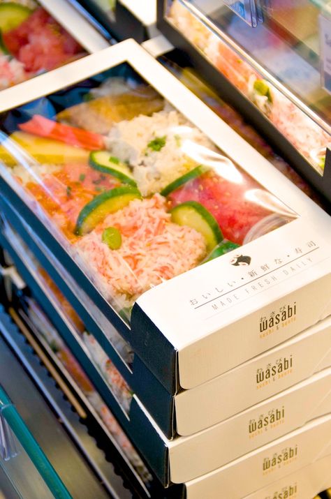 wasabi sushi Wasabi Sushi & Bento, Sushi Packaging Design, Sushi Business, Sushi Takeout, Sushi Packaging, Sushi Bar Design, Sushi Take Out, Sushi Cafe, Wasabi Sushi