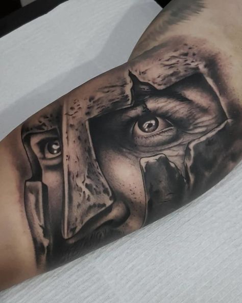 Inner Arm Tattoo For Men Upper, Under Bicep Tattoo For Men, Gladiator Tattoos, Warrior Tattoo Ideas, Tattoo Designs Inspiration, Tattoo Warrior, Inside Bicep Tattoo, Shoulder Armor Tattoo, Fierce Tattoo