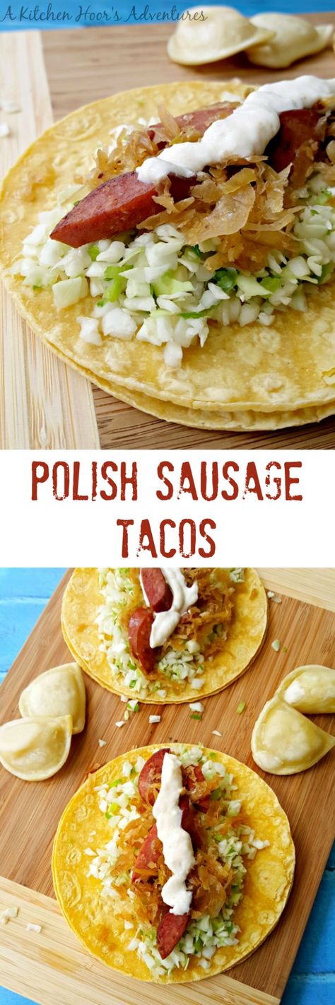 Polish sausage is sauteed and added to macaroni and cheese in one of my family favorite comfort food pasta recipes! Polish Sausage Macaroni and Cheese is simple, delicious, and a recipe your family will ask for time and time again! Polish Tacos Recipe, Polish Tacos, Fusion Foods, Sausage Tacos, Shrimp Taco Recipes, Nacho Bar, Polish Sausage, Polish Food, Budget Recipes